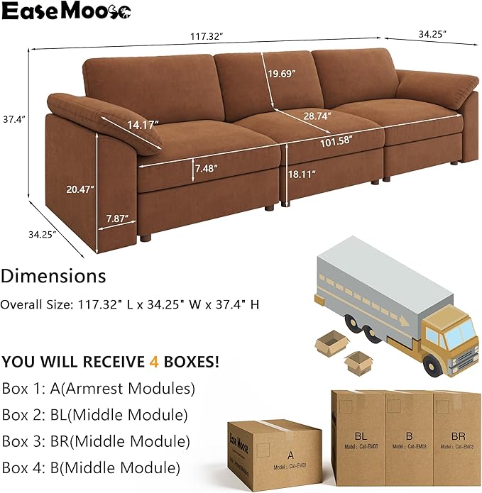 EASE MOOSE Brown Sectional Modular Sofa, Comfty 3 Seat Cloud Couch, FSC