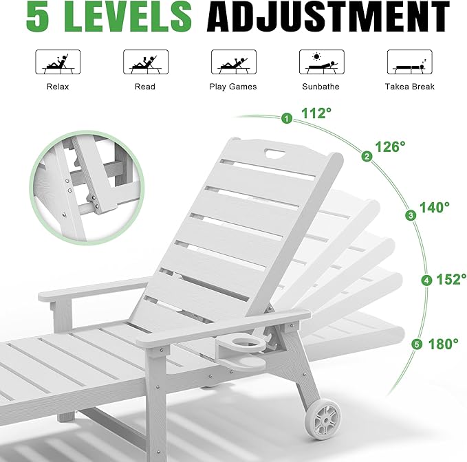 Outdoor Lounge Chair with 5-Position Adjustable, Outside Lounge Chair with Cup