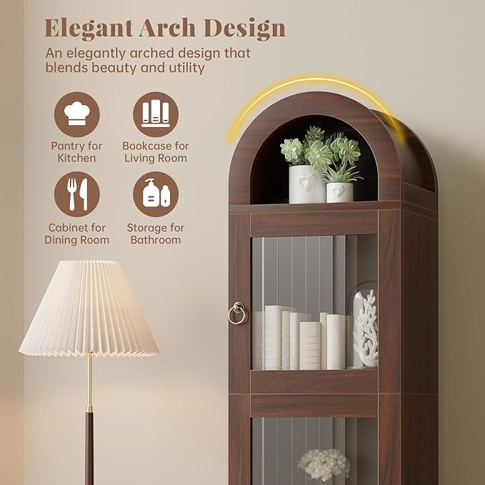 71" Tall Arched Cabinet with Acrylic Door, Modern Curio Arched Bookcase with