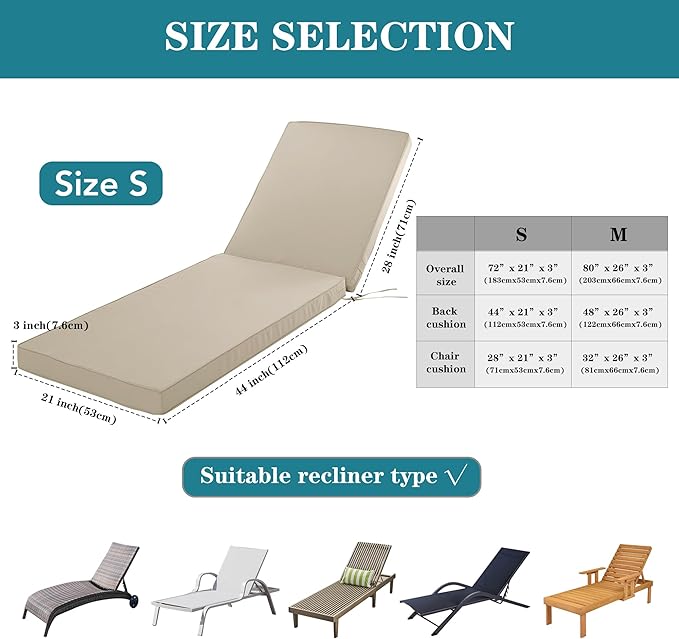 Chaise Lounge Cushion Outdoor, Waterproof and Stain-Resistant Lounge Deck