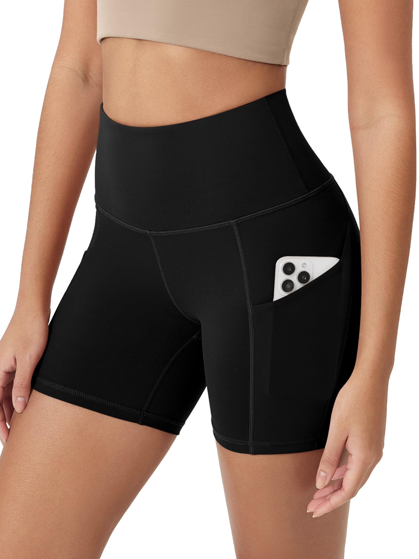 ODODOS 5" Tummy Control Biker Shorts for Women with Pockets High Waist Athletic Workout Yoga Shorts, Black, Medium