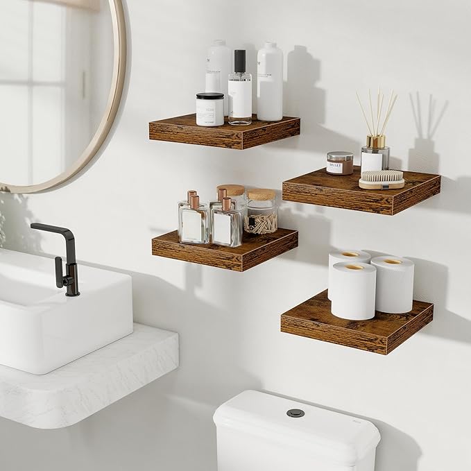 Fun Memories Floating Shelves for Wall, 9.3 Inch Set of 4 Rustic Wood Wall