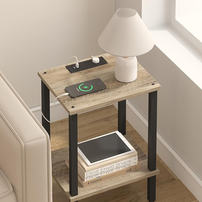 TUTOTAK End Table with Charging Station, Small Side Table with Outlets