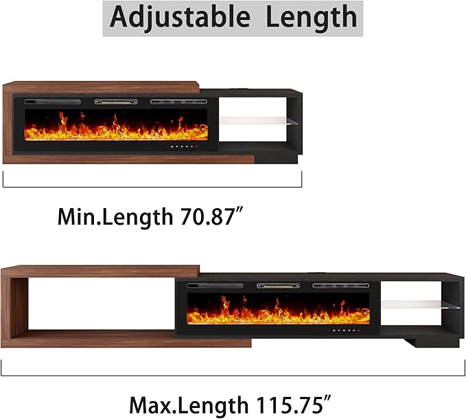 Extendable TV Stand with 50" Electric Fireplace, Modern LED Entertainment