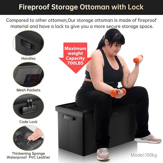 ENGPOW Storage Ottoman Bench, Fireproof Folding Bench