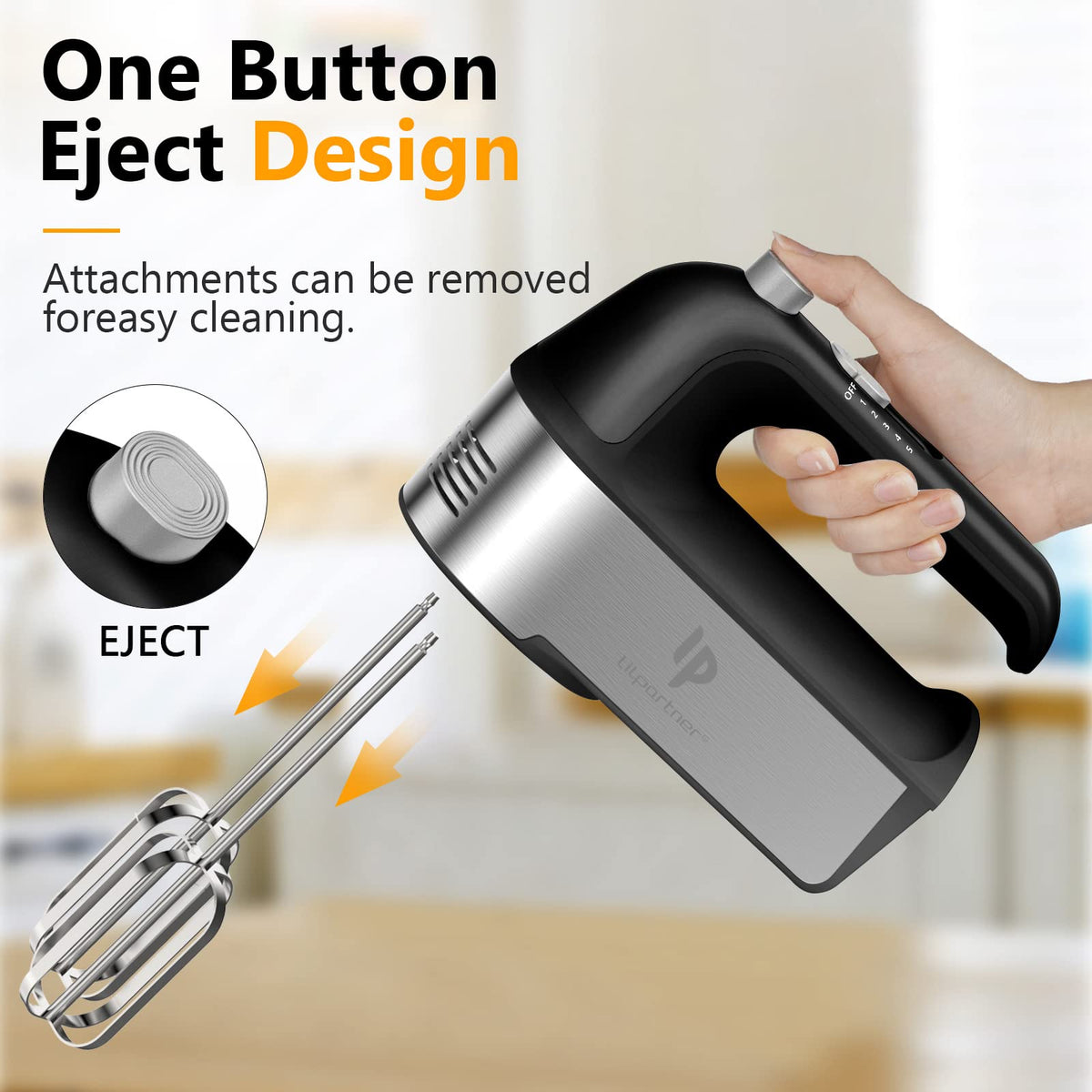 Hand Mixer Electric, 450W Kitchen Mixers with Scale Cup Storage Case, Turbo Boost/Self-Control Speed + 5 Speed + Eject Button + 5 Stainless Steel Accessories, For Easy Whipping Dough, Cream, Black