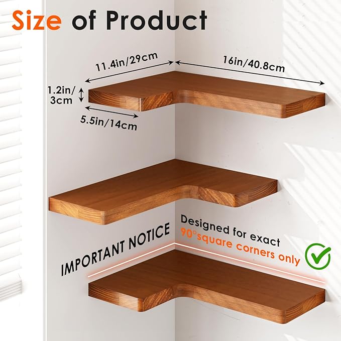 Fixwal Corner Floating Shelves for Wall Mounted Natural Solid Wood 16"x11.4"