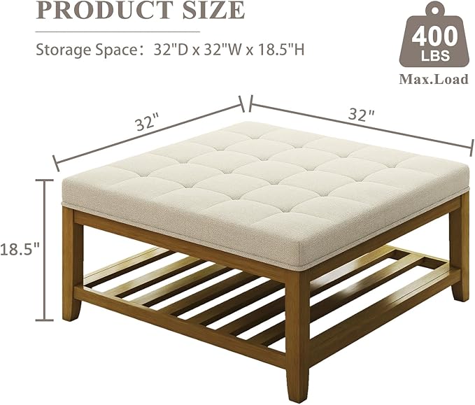 Befurtori Large Square Ottoman Coffee Table, Linen Solid Upholstered Footrest