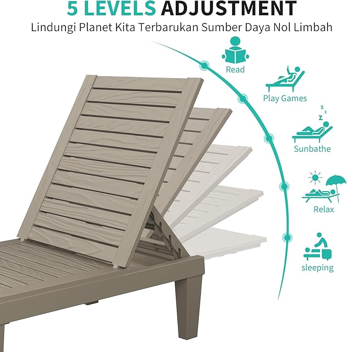 Outdoor Lounge Chair Set of 6, 5-Positions Adjustable Patio Chaise Lounges