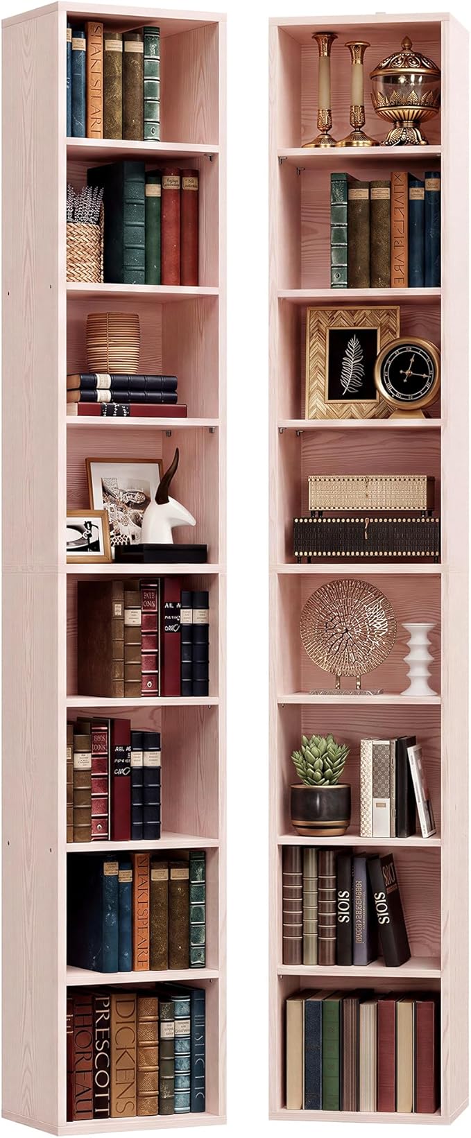 IRONCK Tall Narrow Bookshelf 8 Tiers 71in Set of 2, Compact Corner Bookcase