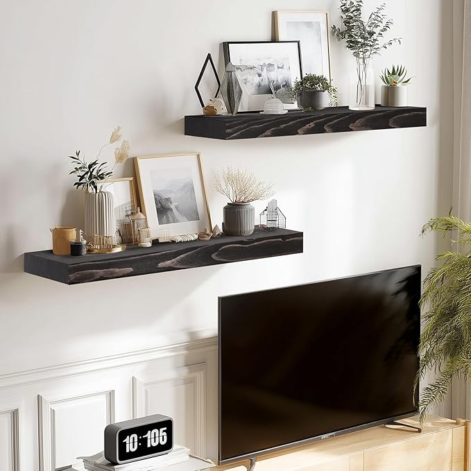 17x8x1.6 inch Floating Shelves Set of 2 – Solid Wood Rustic Black Wall Mounted