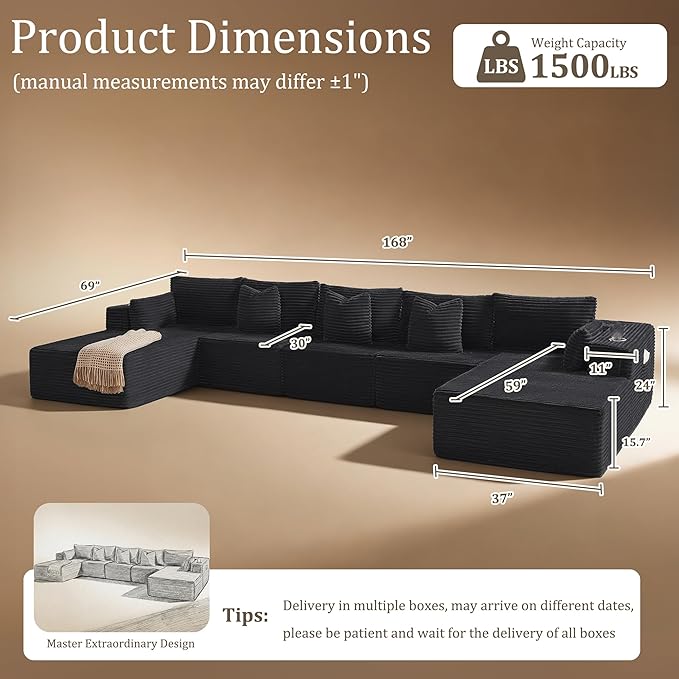 168" Cloud Sectional Couch, Comfort U Shaped Sofa
