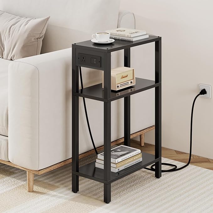 TUTOTAK Narrow Side Table with Charging Station, Small End Table with USB Ports