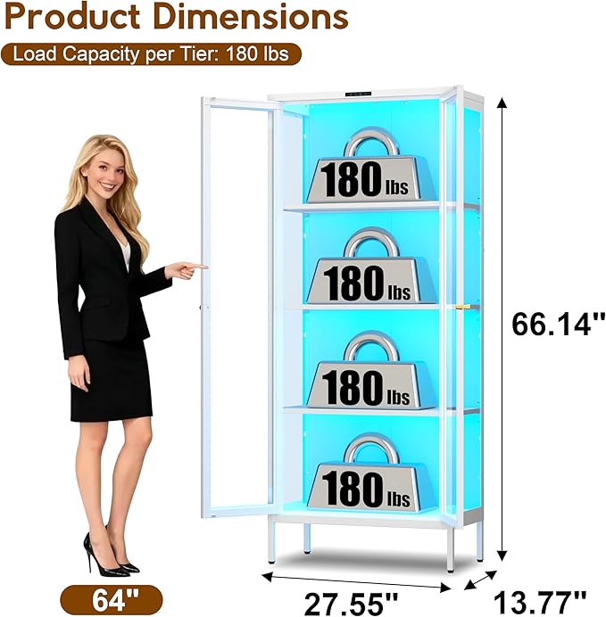 UNICOLY Display Cabinet with Glass Doors, Glass Display Cabinet with 8 Color
