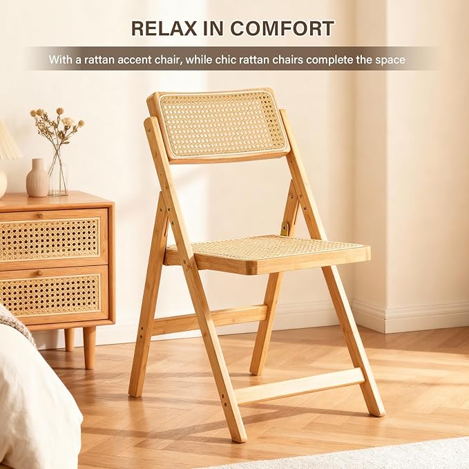 Furlide Rattan Folding Chairs, Modern Mid Century Dining Chairs Set of 2