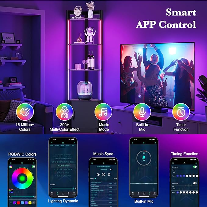 5-Tier Corner Shelf with RGB LED Light, Remote & APP Control, Adjustable