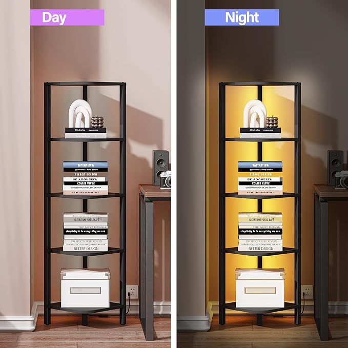 TUTOTAK Corner Shelf with LED Light, 5-Tier Corner Bookshelf