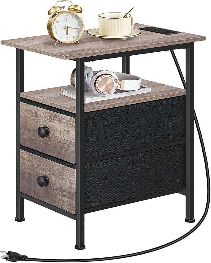 HOOBRO End Table with Charging Station, Narrow Side Table, Nightstand with 2