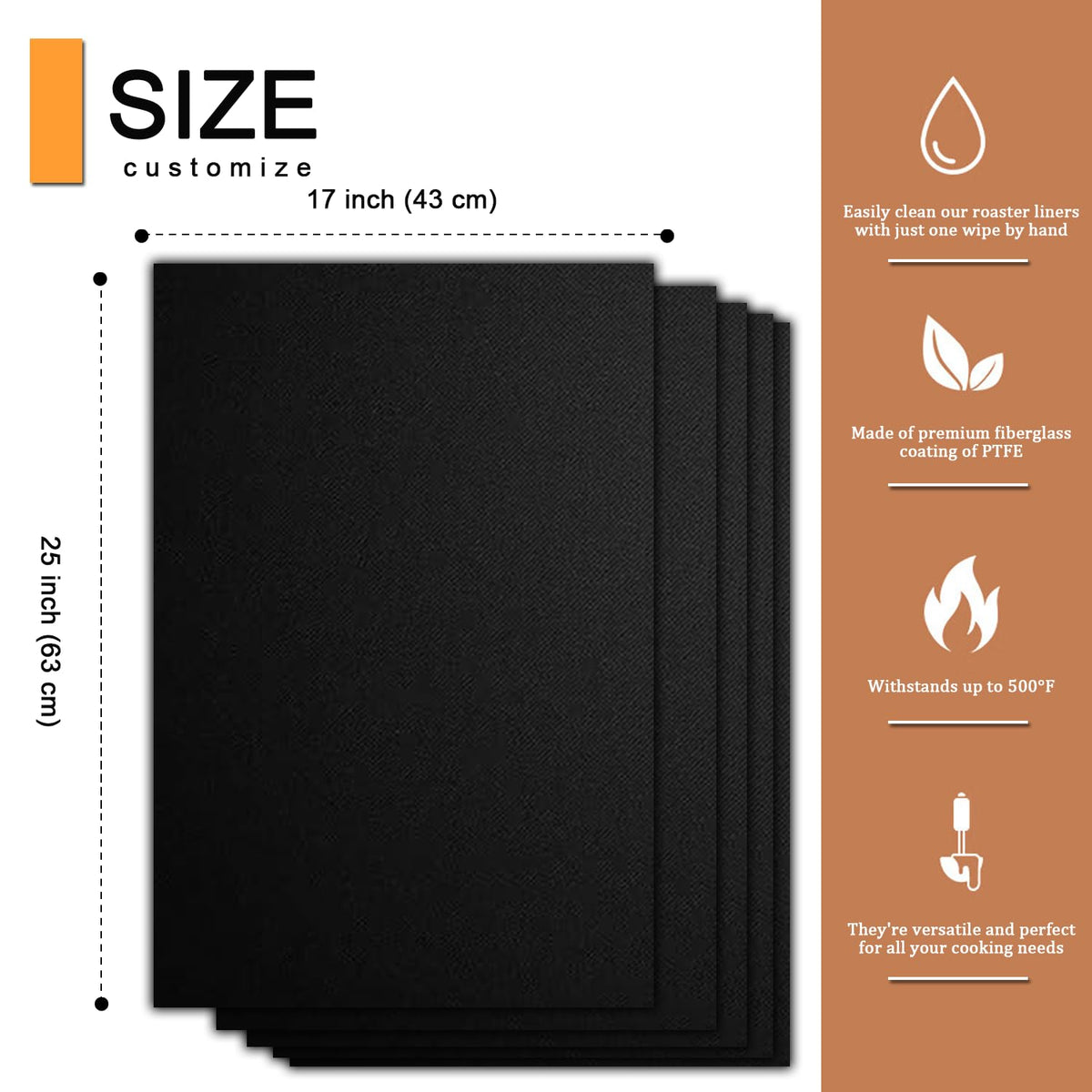 Oven Liners for Bottom of Oven - 5 Pack Large Heavy Duty Mats, 17”x25” Non-Stick Reusable Liner for Electric, Gas, Toaster Ovens, Grills - Kitchen Accessory to Keep Oven Clean (5, Black)