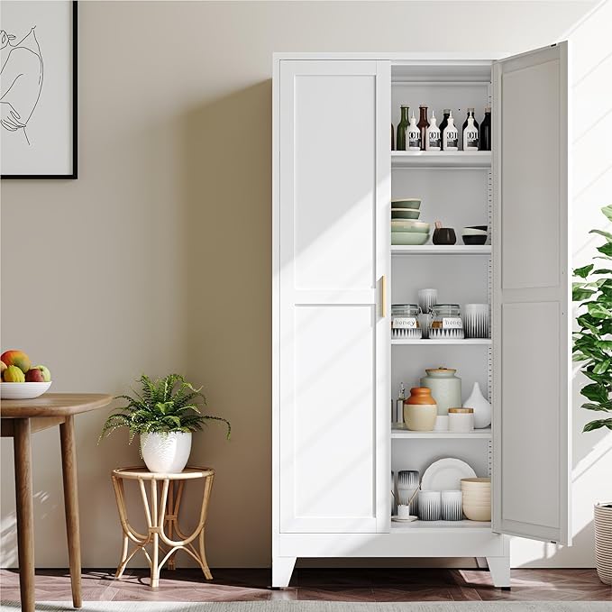 YAUWOH 71''Metal Cabinet with 4 Adjustable Shelves, 5-Tier Pantry Storage