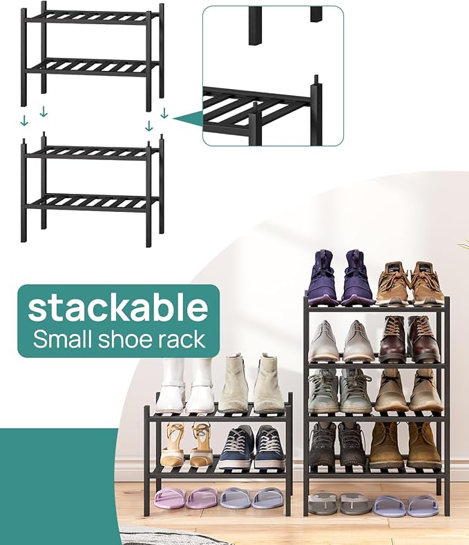 viewcare Black Small Shoe Rack for Entryway, 4-Tier Bamboo Shoe Organizer for