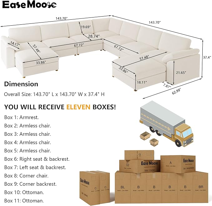 EASE MOOSE Oversized Sectional Modular Sofa，Comfty U Shape Sectional FSC