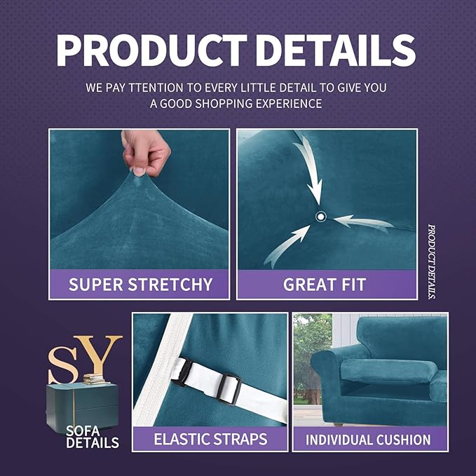 ZNSAYOTX Oversized Velvet Couch Cover 4 Piece Stretch Sofa Covers