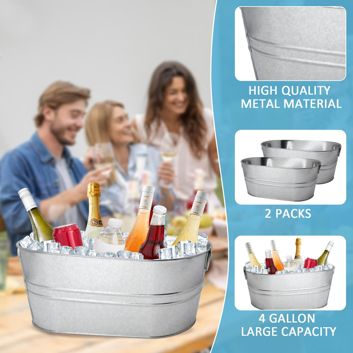 2 Pack 4 Gallon Galvanized Tub Ice Buckets for Parties Portable Beverage Tub with Handles Champagne Bucket Metal Ice Buckets for Cocktail Bar with Ice Scoop