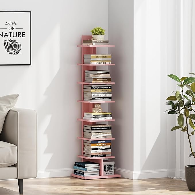 TUTOTAK Bookshelf, 8-Tier Bookcase, Narrow Spine Book Shelf