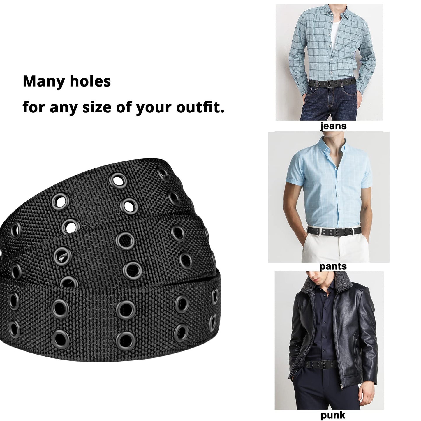 Drizzte 43'' Double Prong Belt Black Grommet Nylon Belts for Men Unisex