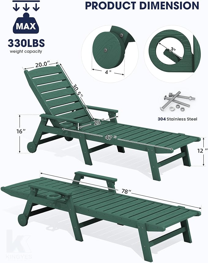 KINGYES HDPE Lounge Chair Outdoor Set of 4, Patio Chaise Lounge Recliner