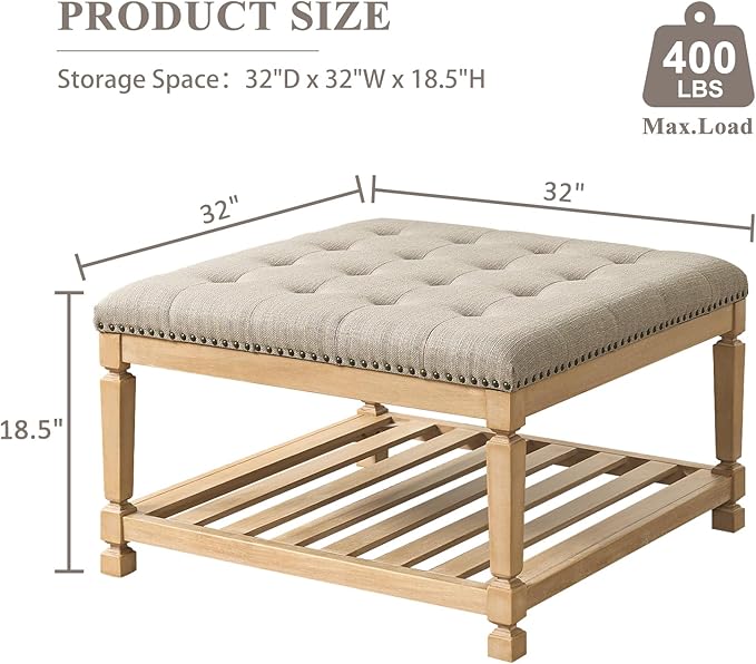 Befurtori Large Square Ottoman Coffee Table, Linen Solid Upholstered Footrest