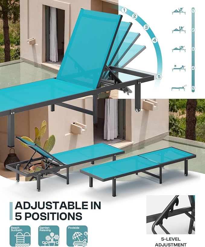 Aluminum Outdoor Lounge Chairs Set of 2, Pool Lounge Chairs