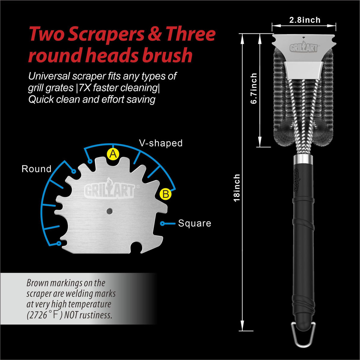 GRILLART Grill Brush and Scraper,18 Inch BBQ Grill Cleaning Brush Kit, Safe Wire Scrubber, Universal Fit BBQ Cleaner Accessories for All Grates