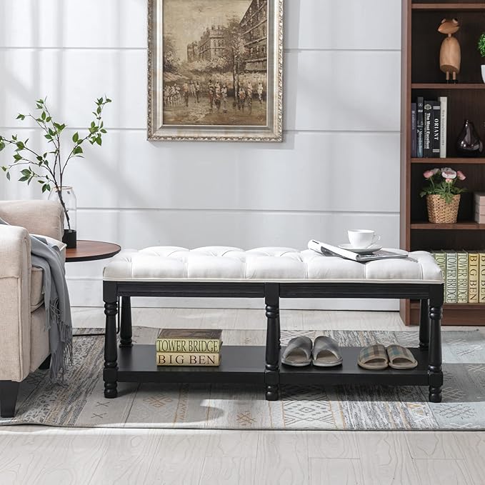 Farmhouse Storage Bench Wooden Entryway Linen Upholstered Ottoman Button Tufted
