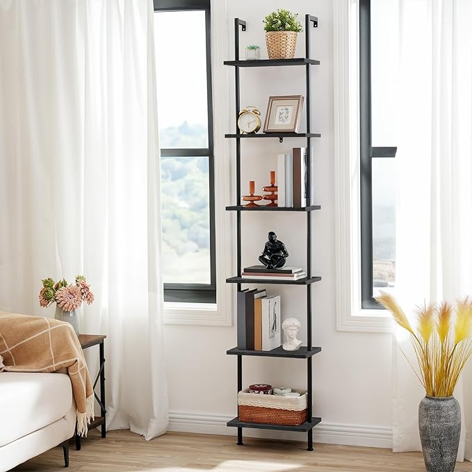 HOOBRO DIY Ladder Shelf, 6-Tier Wooden Wall Mounted Bookshelf, Narrow Bookcase