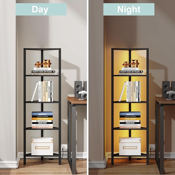 TUTOTAK Corner Shelf with LED Light, 5-Tier Corner Bookshelf