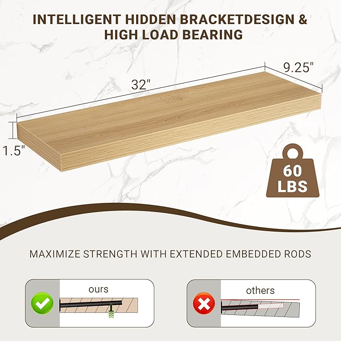 Acovy 32 Inch Floating Shelves, 3D Textured Wood Grain, Wooden Shelves
