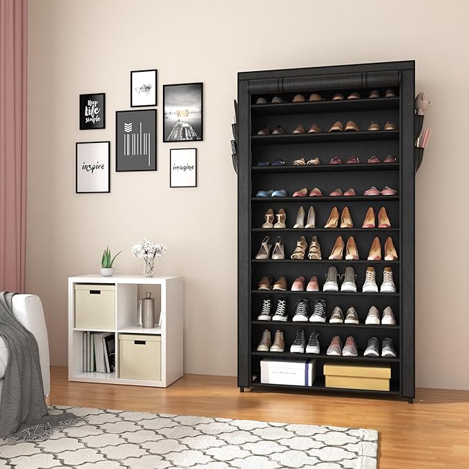 ROJASOP 10 Tier Shoe Rack with Covers, Large Capacity Stackable Tall Shoe Shelf