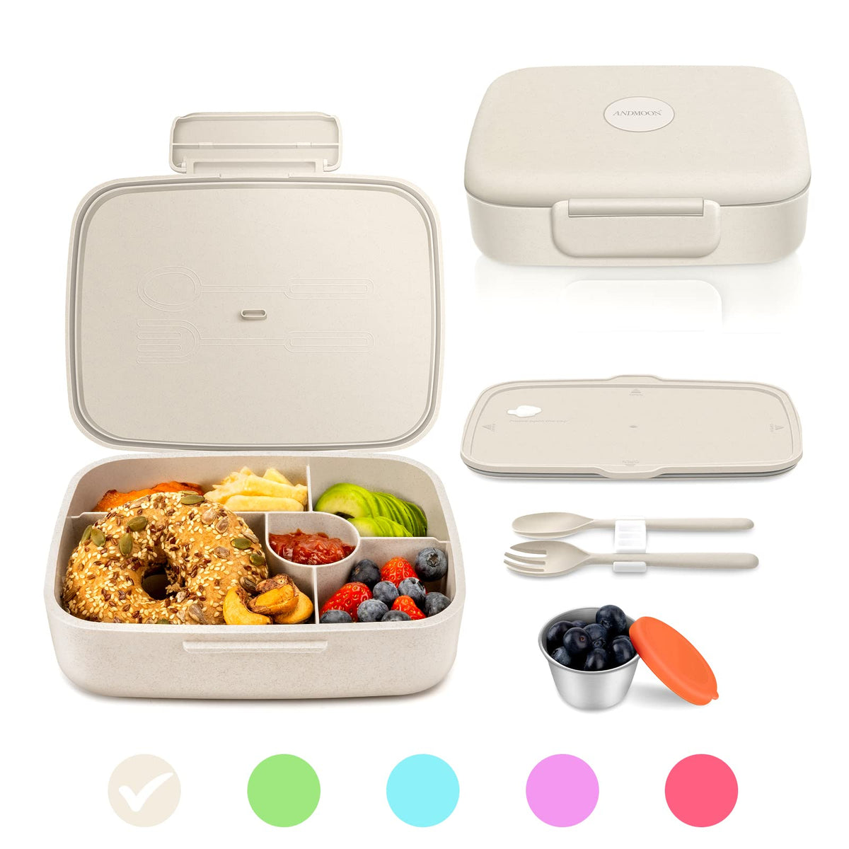 ANDMOON Bento Lunch Box, 5 Compartments Lunch Container for Kids/Adults with Snack cup, Wheat Fiber Eco-Friendly Double Insulated Boxes, Dishwasher and Microwave Safe, BPA-Free (White)