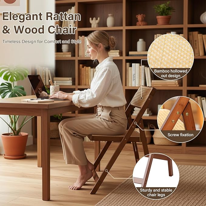 Furlide Rattan Folding Chair, Modern Mid Century Dining Chairs Set of 1