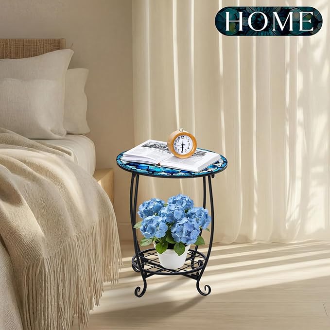Cinnvoice Outdoor Side Table Round Small Mosaic Patio Accent Indoor End Plant