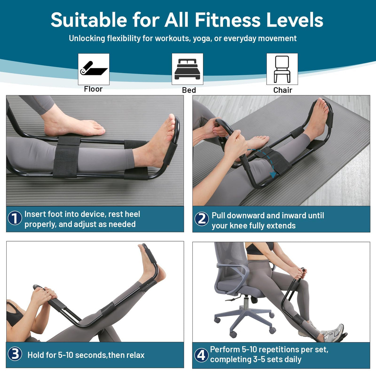Hamstring Stretcher, Knee Extension Device, Lower Back, Hip & Calf Stretching