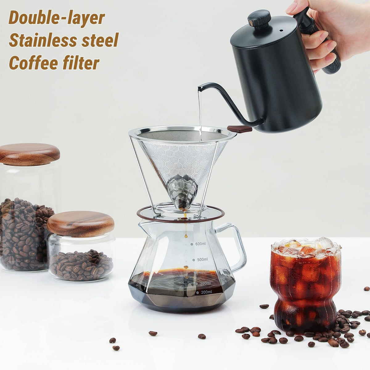 Pour Over Coffee Filter, CHDEXU Stainless Steel Coffee Dripper with Stand, Paperless Reusable Filter with Removable Cup