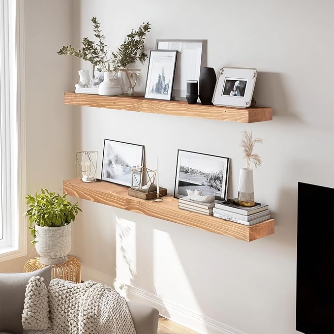 36x8x1.6 inch Floating Shelves Set of 2 – Solid Wood Rustic Oak Wall Mounted
