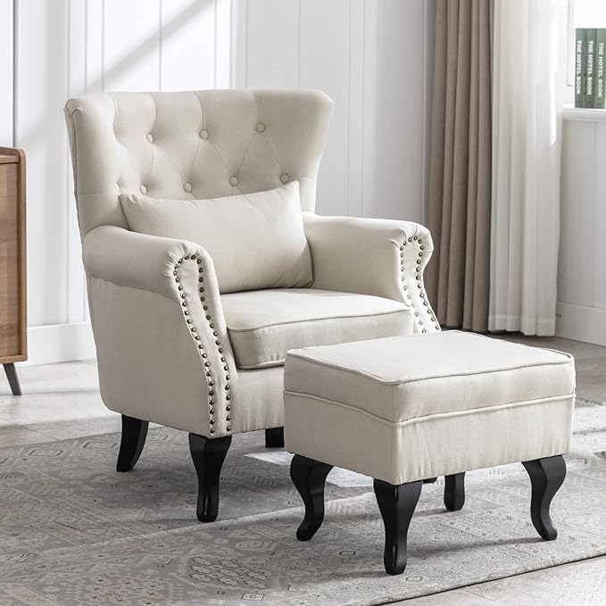 Mid Century Modern Accent Chair Upholstered Armchair Comfy Linen Fabric Tufted
