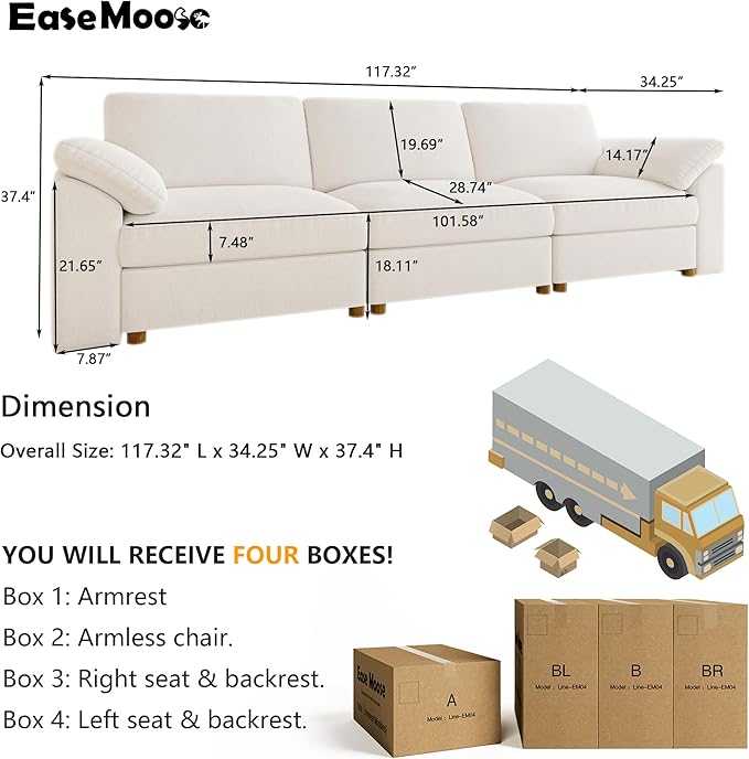 EASE MOOSE Modern 3 Seat Sectional Modular Sofa, FSC Certified Chenille Comfty
