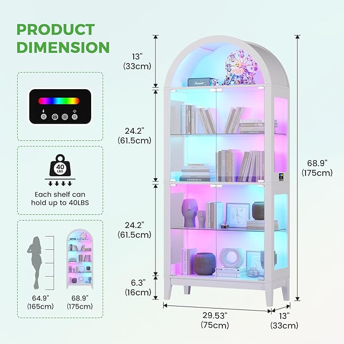 HNEBC Arched Display Case with RGB Lights, LED Curio Cabinet with Shelf