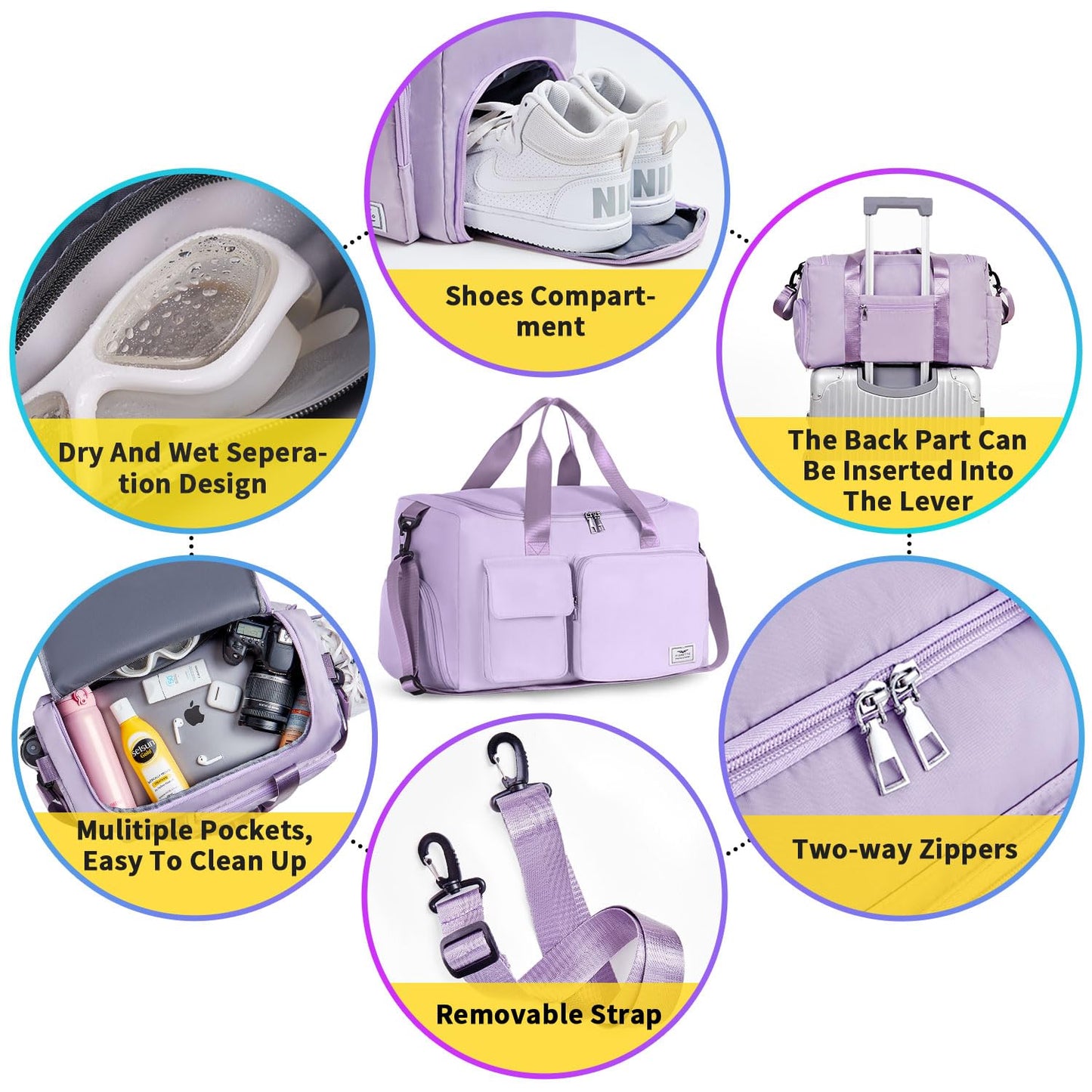 FIORETTO Women's Gym Duffle Bag with Shoes Compartment, 37L Capacity, Ideal for Travel, Gym, Sports, Duffel, Weekender, Lavender