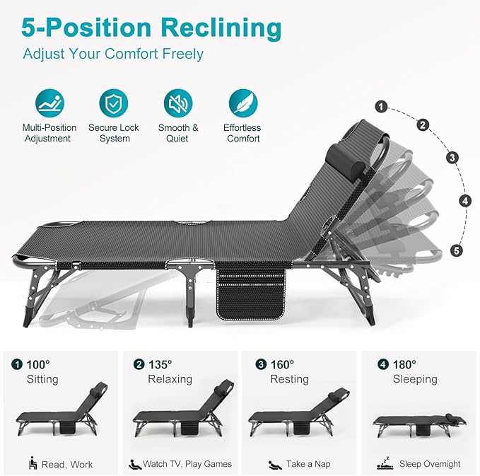 ABORON Chaise Lounge Chair, 5 Positions Padded Outdoor Tanning Chair, Heavy